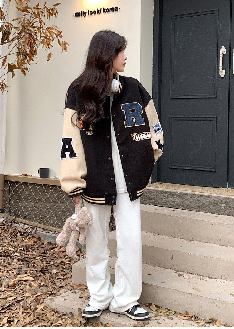 New Autumn and Winter Padded Baseball Jersey Women American Retro Loose Sweater Women Jacket