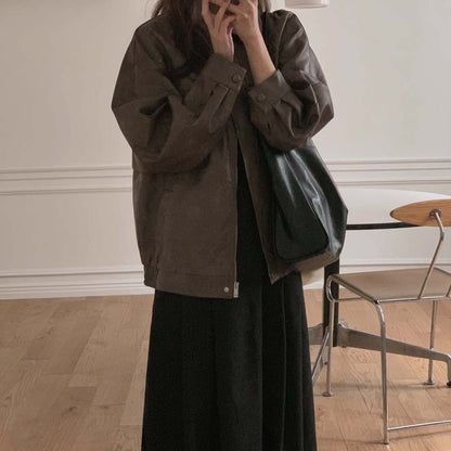 Sli Loose PU Leather Jaet Women's Chic Retro Collar Versatile BF Sle Motorcycle Clothes Trendy Long Sve Zipper