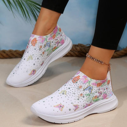 Floral Crystal Decor Slip On Sneakers Women Plus Size 35-43 Breathable Mesh Sports Shoes Woman Comfortable Soft Sole Flats Shoes