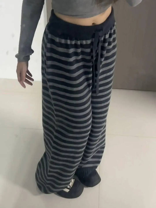 Harajuku Contrast Color Stripe Wide Leg Trousers Vintage Grunge Loose Knitted Casual Pant Y2k Aesthetic Women Straight Pants