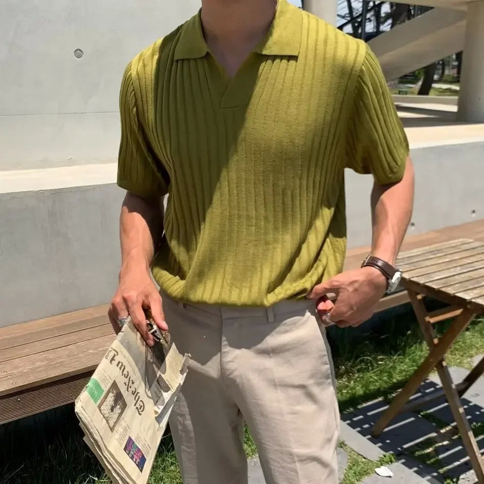 Trendy Polo Shirt For Men Summer Solid Color Top Versatile Knit Style Korean Short Sleeves Casual Fashion T-shirt