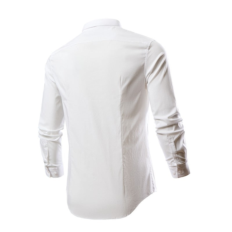 Black Mens Embroidered Long Sleeve Shirt, Black Single Breasted Lapel Casual Shirts, Asian Size M-6XL