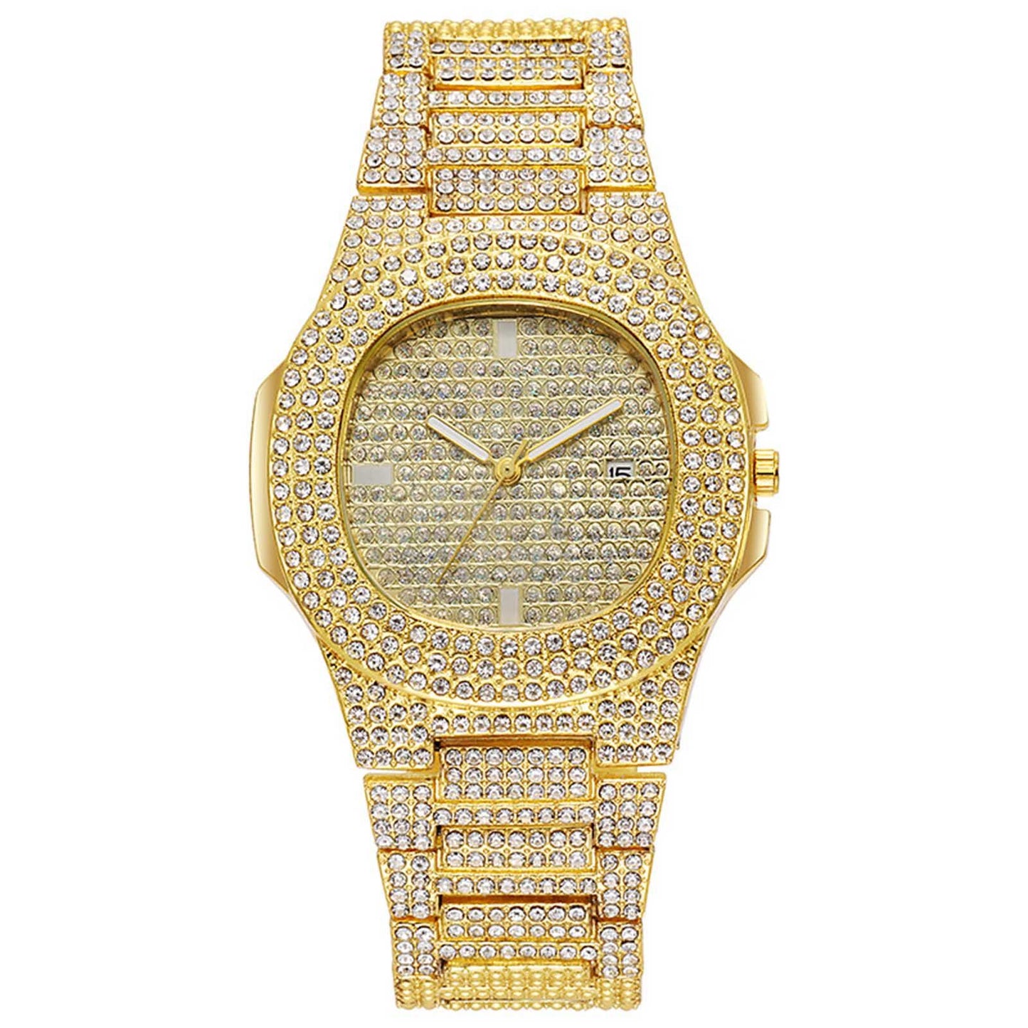 Hiphop Full Diamond Square Quartz Watch for Men Women Luxurious Stainless Steel Strap Rhinestone Studded Dial