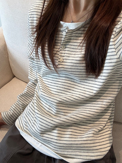 Stripe Button Long Sleeve T-shirt Slim Fit Fake Two-piece Women's Top 2025 Autumn Fashion Casual Long Sleeve Tops