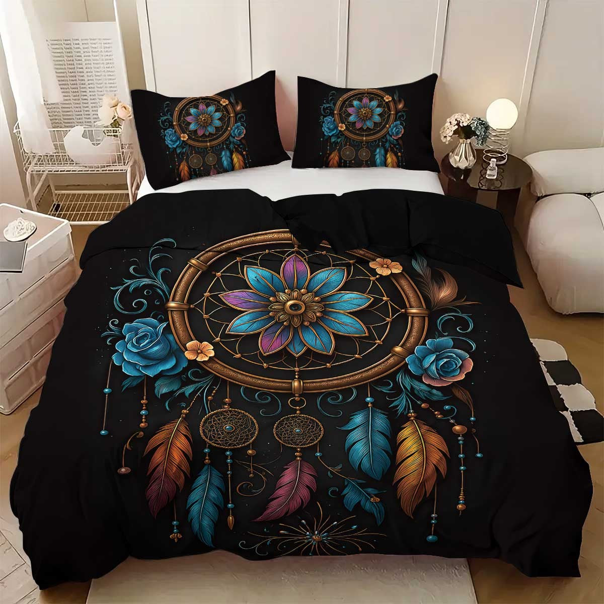 Jogo de cama estampado Boêmio 3 peças, 1*capa de edredom+2*fronha, adequado para quartos de casais e adultos