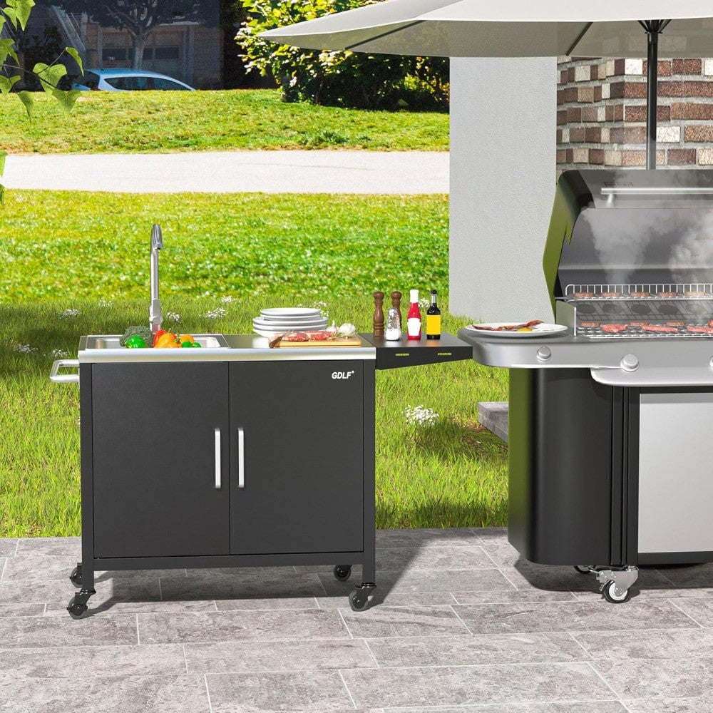 Mesa para churrasqueira externa com pia, carrinho de metal para churrasqueira, ilha de cozinha externa com pia de aço inoxidável, L145*A55cm