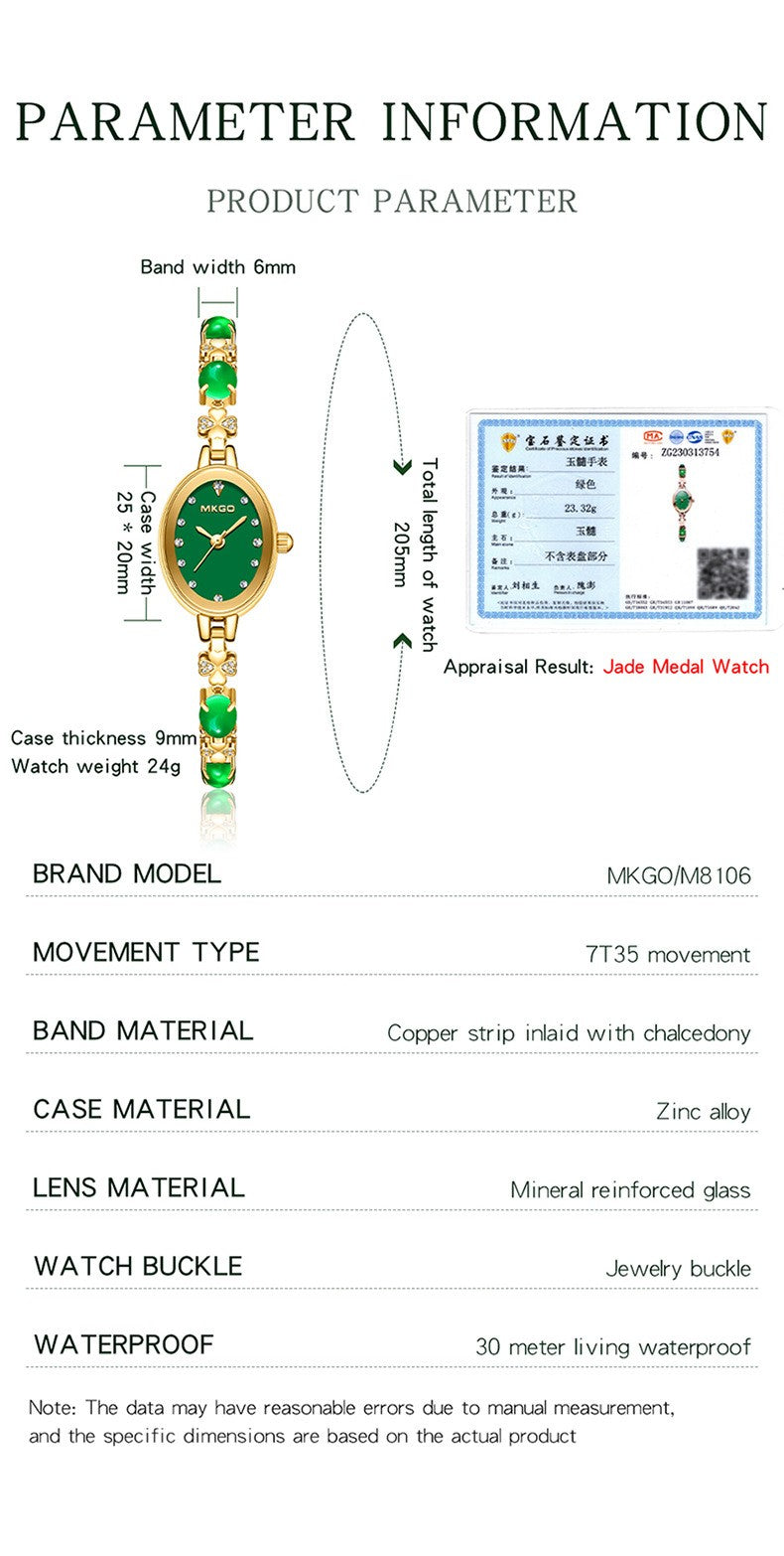 MKGO Women's Fashion Bracelet Watch Luxury Quartz Ladies Watch 30M Waterproof Premium Exquisite Emerald Crystal Female Watches