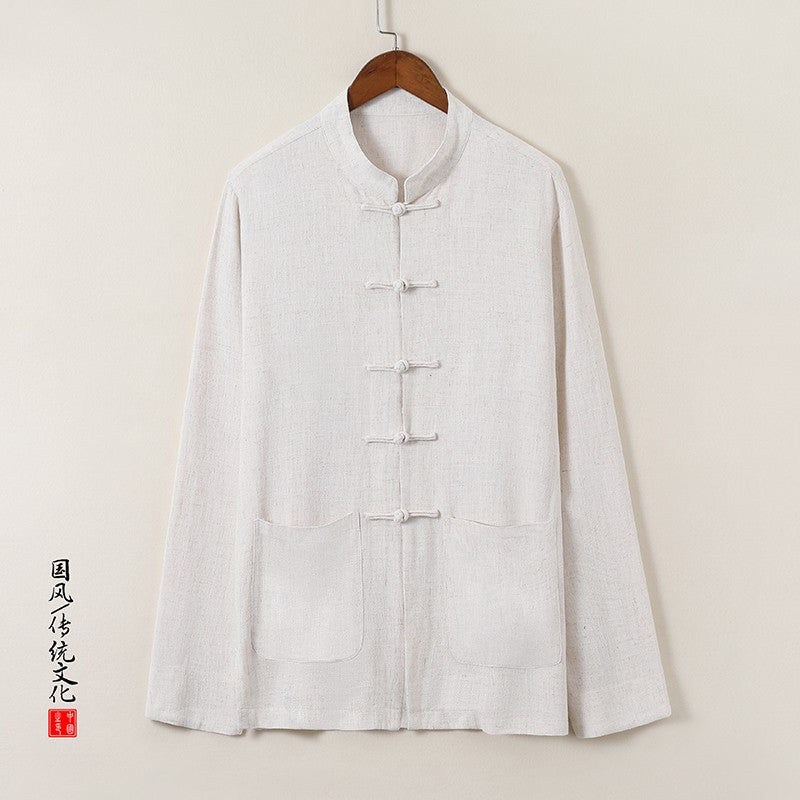 Chinese-style Men's Black Long-sleeve Shirt, Cotton-linen Blend Stand-up Collar Shirts, Available in Burgundy, Beige, and Gray.