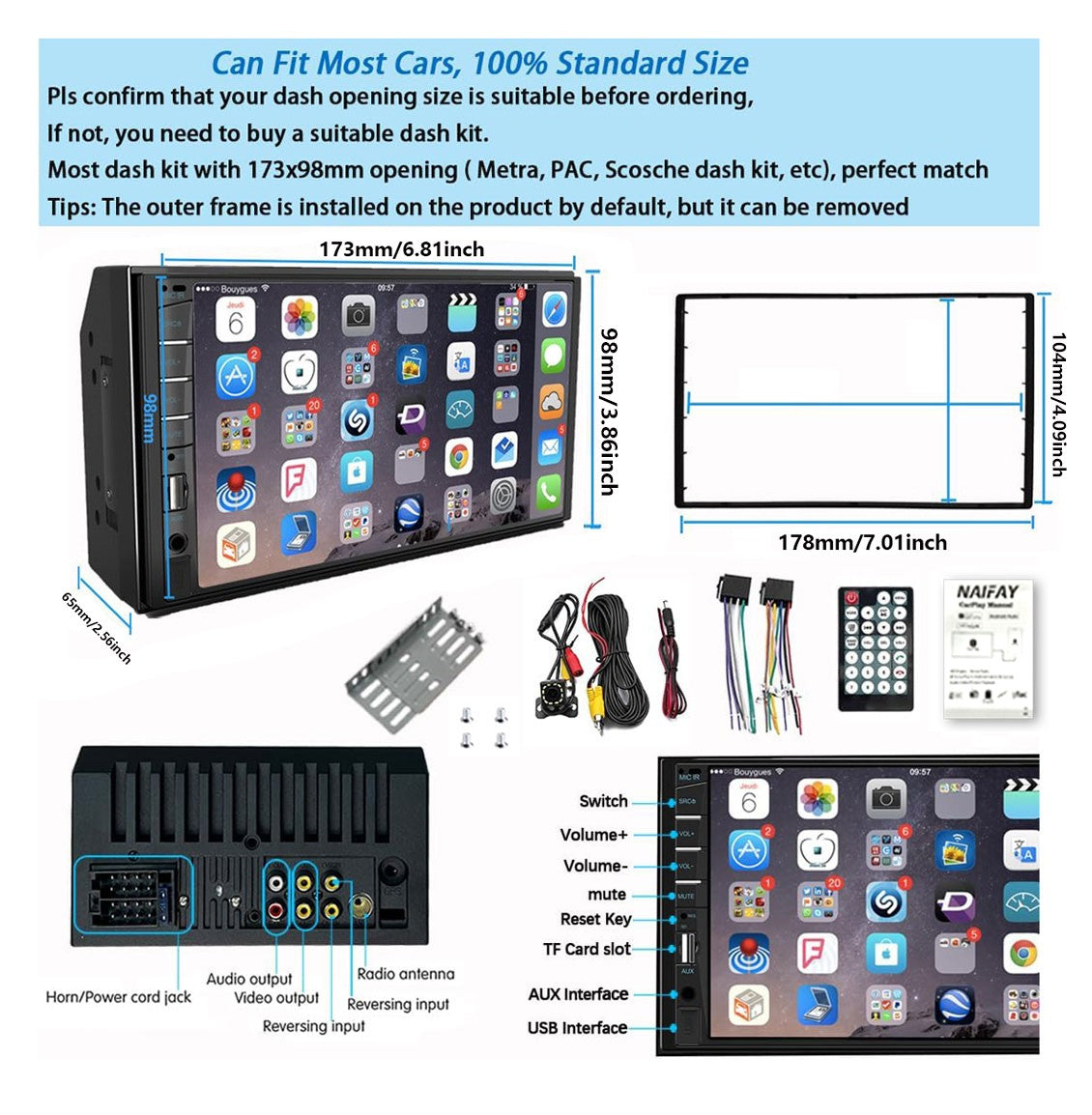 7 Inch MP5 Player Car Stereo 2 Din Touch Screen Car Audio Receivers with Backup Camera Bluetooth Mirror Link USB AUX TF FM Radio