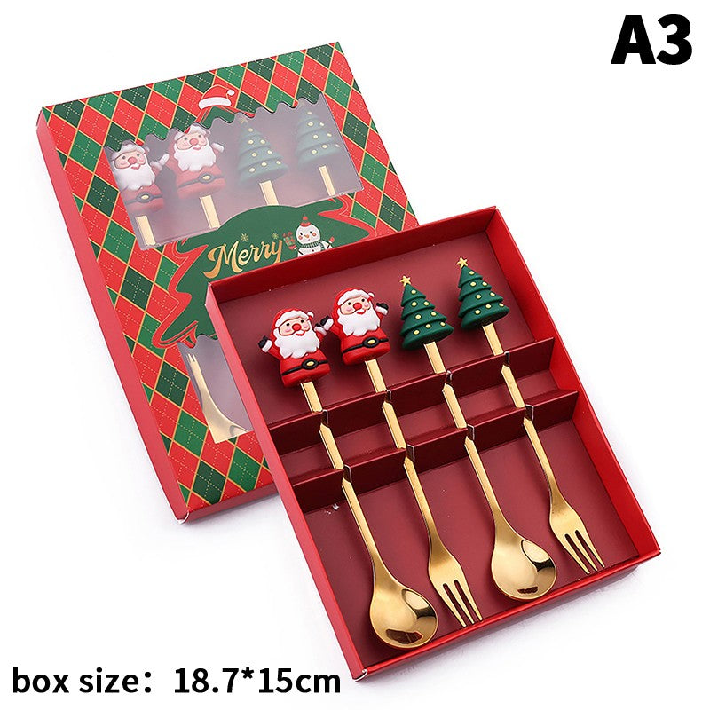 Stainless Steel Christmas Fork And Spoon Set with Gift Box for Coffee Tea Dessert Tableware