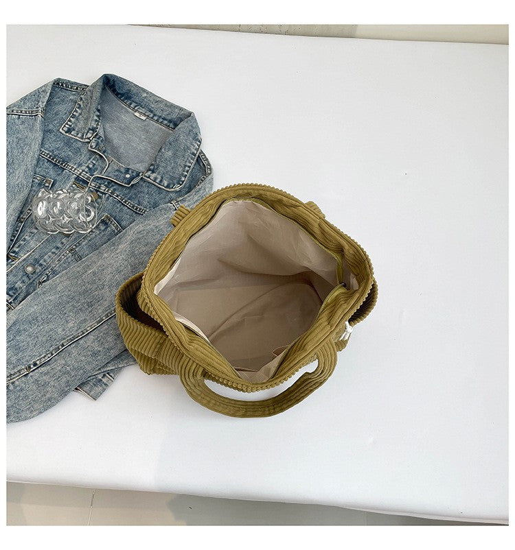 Casual Corduroy Handbag with Zipper Closure Light and Large Capacity Fixed Shoulder Strap Solid Color Daily Commuter Handbag