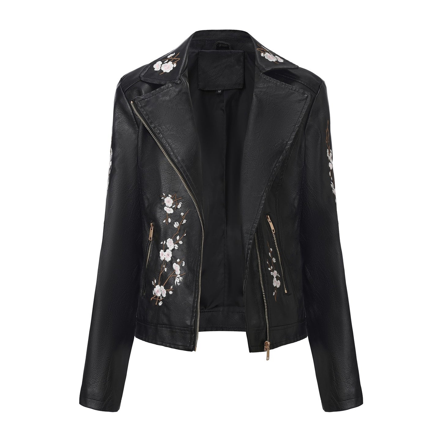 New Fall Women's Black Embroidered PU Jacket, Street-Style Brown Faux Leather Coat, Fashionable Beige Long Sleeves Top.