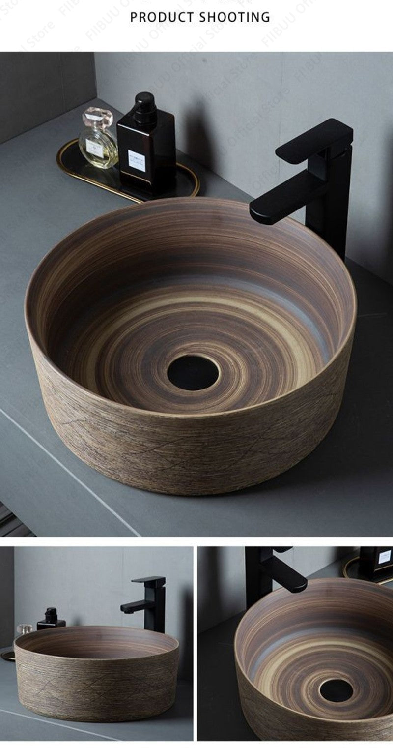 Cuba de Cerâmica Marrom para Lavatório de Banheiro Oval Artística para Mesa de Banheiro, Bacia de Lavar Roupa para Varanda, Bacia de Pedestal Acima do Balcão