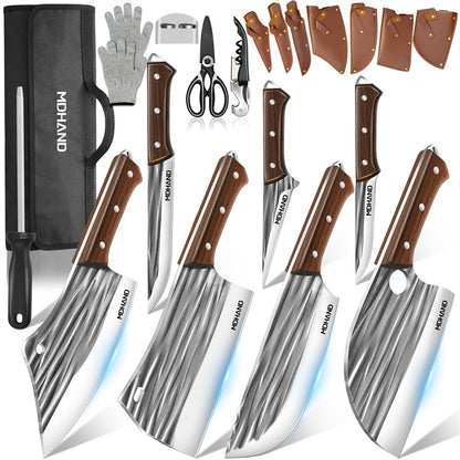 ZENG 14 Peças Faca de Cozinha Multifuncional Cutelo de Carne Forjado à Mão Faca de Chef para Desossar e Cortar para Serviço Pesado com Afiador