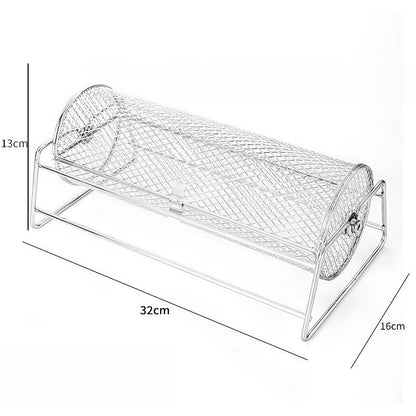 1 Rotating BBQ Grill Basket - Stainless Steel Mesh Roasting Cage with Handle, Portable Rolling Grill for Camping & Picnics