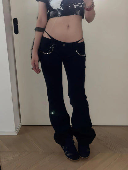 Women's Low Rise Jeans Black Flared Denim Pants Gyaru American Retro Korean Cyber Punk Trumpet Jeans Y2k Skinny Bell Bottom New