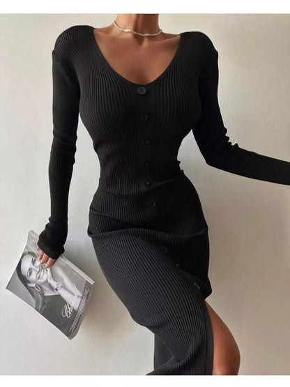 2025 Knitted Dress For Women Vintage Fashion Long Sleeve Dresses Solid Single Breasted V Neck Midi Autumn Winter Dress ???????