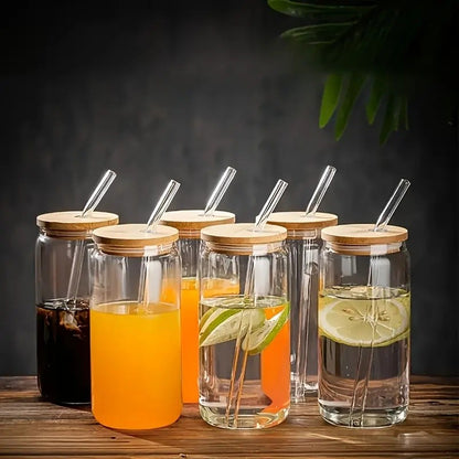 6 Copos de Vidro de 550ml com Tampa de Bambu e Canudo de Vidro - Copos para Cerveja, Café Gelado, Copos Estéticos Fofos Ótima