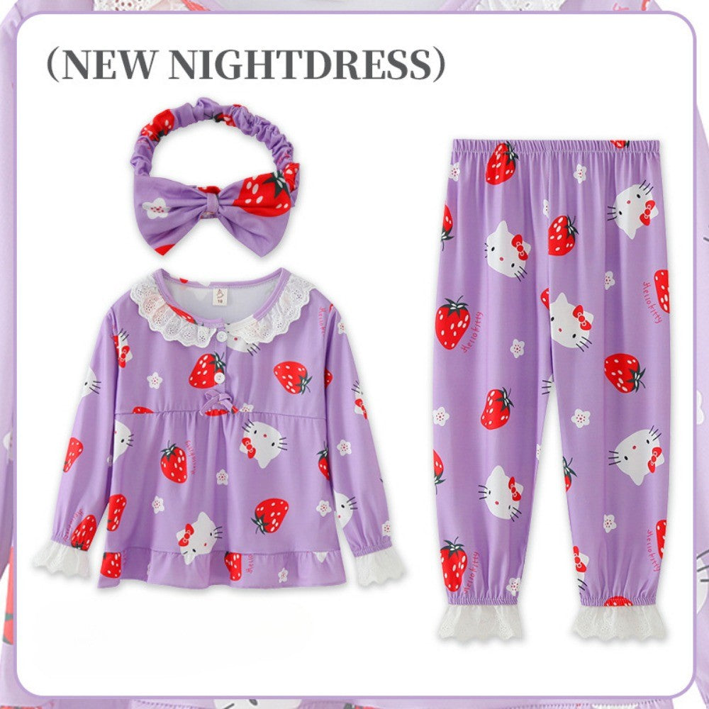 Sanrio Girls Pajama Sets Causal Lace Trimmings Soft Comfortable Kids Night Clothes Set Beautiful Gal Breathable Indoor Costume