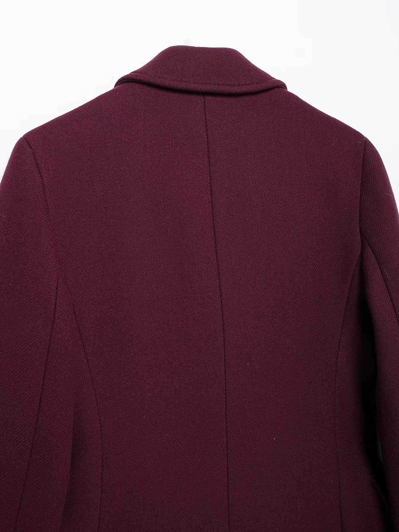 HH Women Fashion Burgundy Woolen Coat Double Breasted Long Sleeve Lapel Blends Jacket Autumn Winter High Street Outerwear