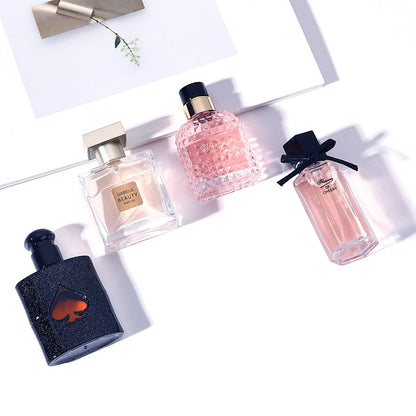 Conjunto de Caixa de Presente Quatro Peças Perfume Feminino Spray 105ml Aroma Floral Fragrância Duradoura Feromônio Eau De Parfum Colônia Masculina Balsâmica
