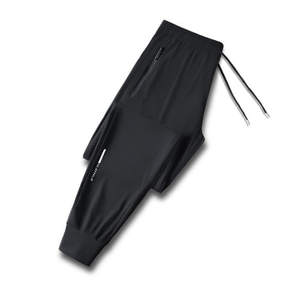Calça jogging masculina com cordão na cintura, fresca, de secagem rápida e respirável, calça esportiva da moda de alta elasticidade, adequada para fitness