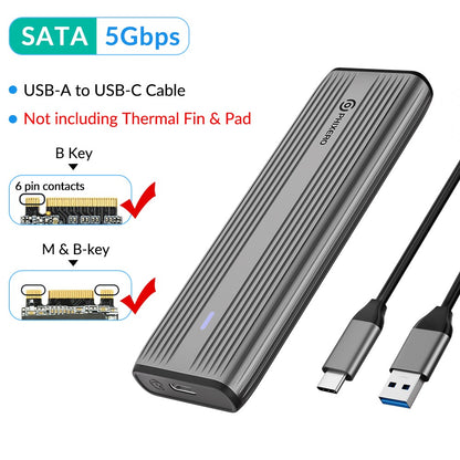 PHIXERO M.2 NVMe SATA SSD Enclosure Duplo Protocolo NVMe para Adaptador USB 10Gbps USB 3.1 Gen2 USB C Case Externo Liga de Alumínio