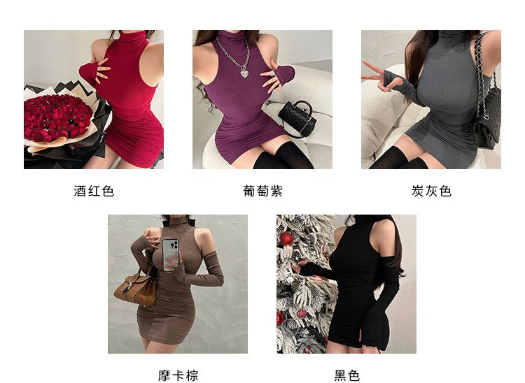 Summer Sexy High Neck Tight Dress Oversleeve Pleated Bottom Wrapped Hip Dress Wo