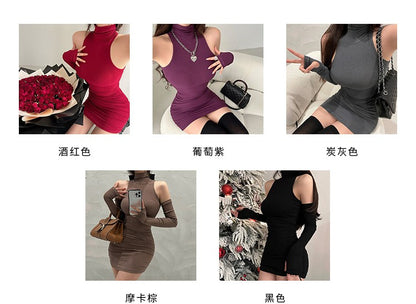 Summer Sexy High Neck Tight Dress Oversleeve Pleated Bottom Wrapped Hip Dress Wo