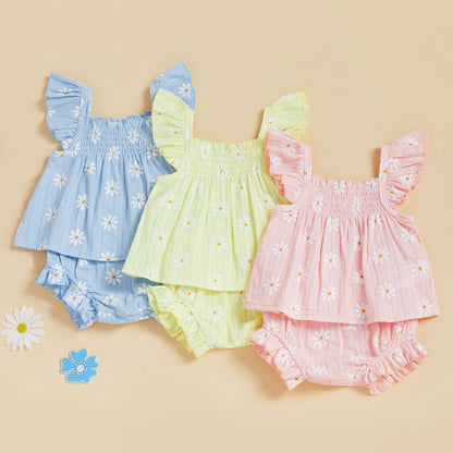 Baby Girl Daisy Outfit Toddler Girls Flying Sleeve Babydoll Tops Elastic Waist Ruffle Shorts Cute Summer Clothes 2Pcs Sets