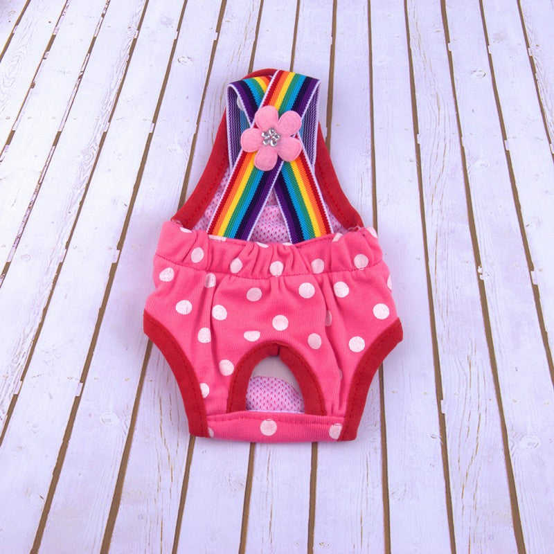 Calças de Fralda Ajustáveis para Cadelas com Suspensórios de Arco-Íris Cuecas Sanitárias Fofas de Bolinhas para Cachorros Shorts Reutilizáveis para Cães