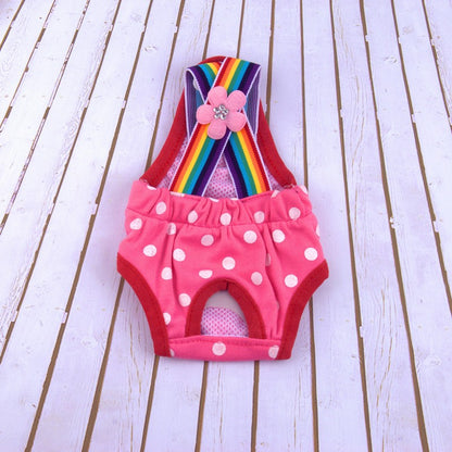 Calças de Fralda Ajustáveis para Cadelas com Suspensórios de Arco-Íris Cuecas Sanitárias Fofas de Bolinhas para Cachorros Shorts Reutilizáveis para Cães