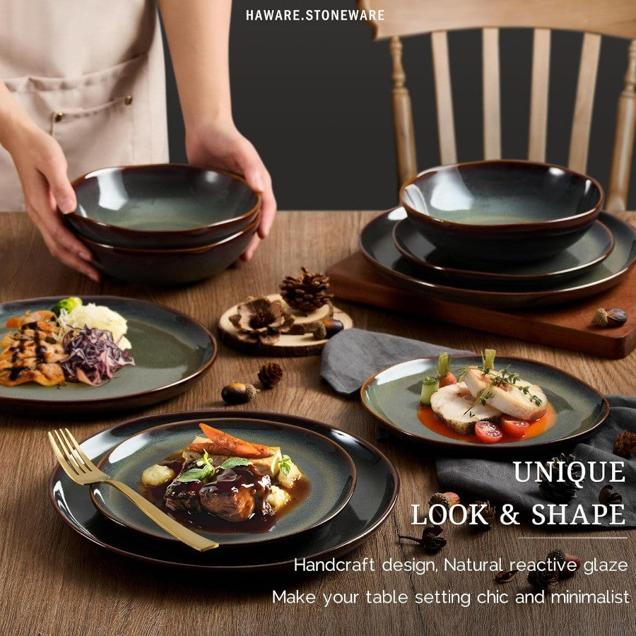 Plates and Bowls Set Stoneware Dinnerware Sets 12Piece Handpainted Dishware for 4 Ceramic Dinner Set for Home Kitchen Scratch R