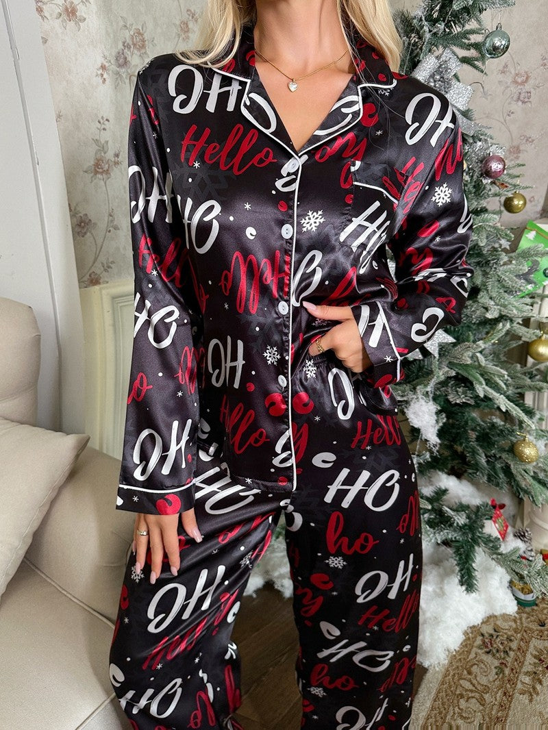 Cute Elk Print Satin Pajama Set Cozy Christmas Suit Long-Sleeve Lapel Top And Pants Comfortable Fit Parties And Theme Events Pjs