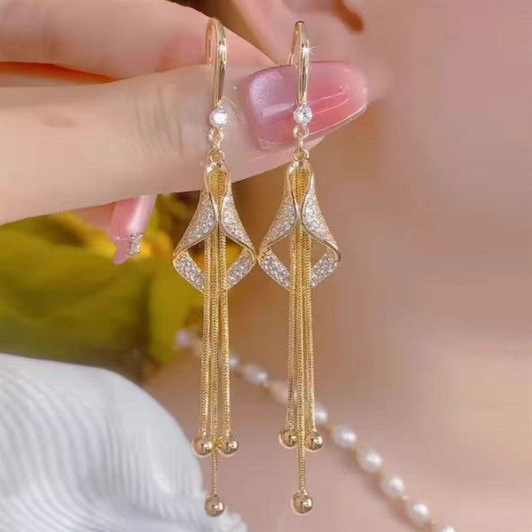 Green Shiny Zircon Flower Drop Earrings For Women Luxury Crystal Long Tassel Ear Line Hanging Earring Girls Wedding Jewelry Gift