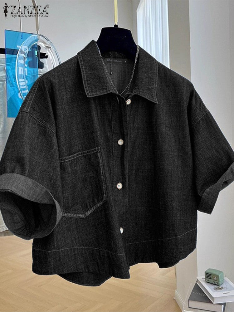 ZANZEA Denim Cardigan Shirts Women Elegant Office Blusas Casual Lapel Neck Outwears 2025 Half Sleeve Solid Color Fashion Tunic