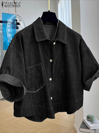 ZANZEA Denim Cardigan Shirts Women Elegant Office Blusas Casual Lapel Neck Outwears 2025 Half Sleeve Solid Color Fashion Tunic