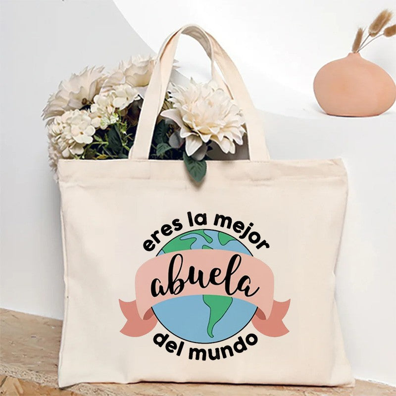 Spanish Abuela Quote Tote Bag Vibrant Shoulder Handbag with Heart Ribbon Design Perfect for Mother’s Day & Grandma Appreciation