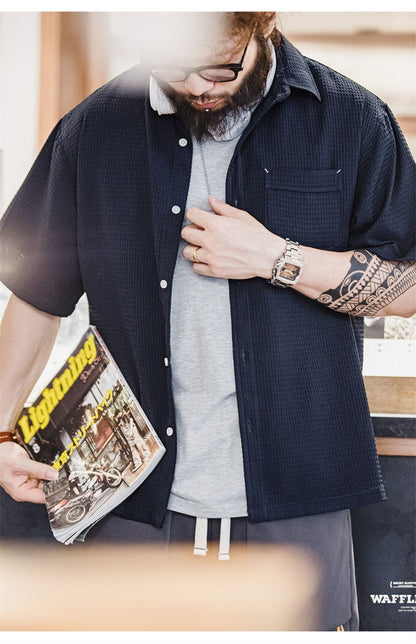 Summer Men's Waffle Short Sleeve Cargo Shirts 2025 New Casual Retro Breathable Lapel Blouse Y2K Vintage Streetwear Tee Shirt