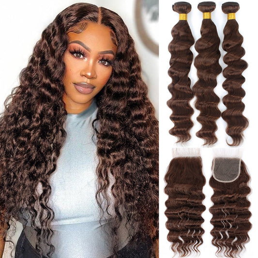 Brown Bundles With Closure Loose Wave Human Hair Bundles With Closure 12A Brazilian Virgin Hair Loose Deep Wave Bundles Raw Hair
