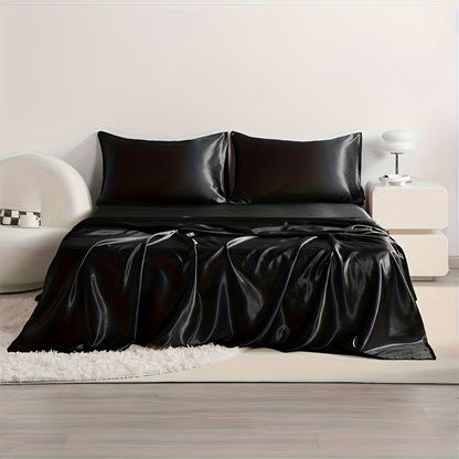 4pcs Cooling Satin Bed Sheet Set, Shrink-Resistant, Fade-Resistant, Hypoallergenic, Breathable, Flat Sheet & Fitted Sheet & Pill