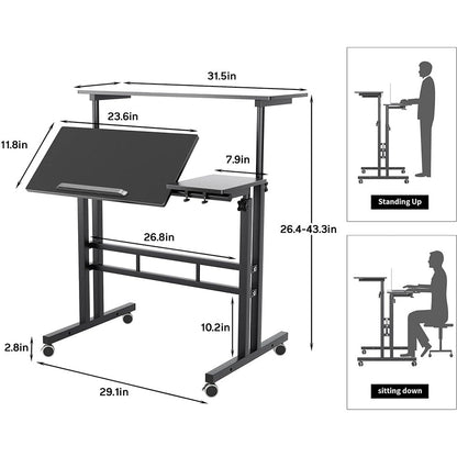Mobile Desk With Folding Table Top, Height Adjustable Computer PC Table Workstation Laptop Stand with Rollers for Home Office