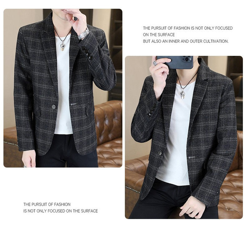 Blazer's New Men's Fashion Outdoor Travel Camping Youth Wedding Hosting Campus Slimming Casual Checkered Korean Version Blazer