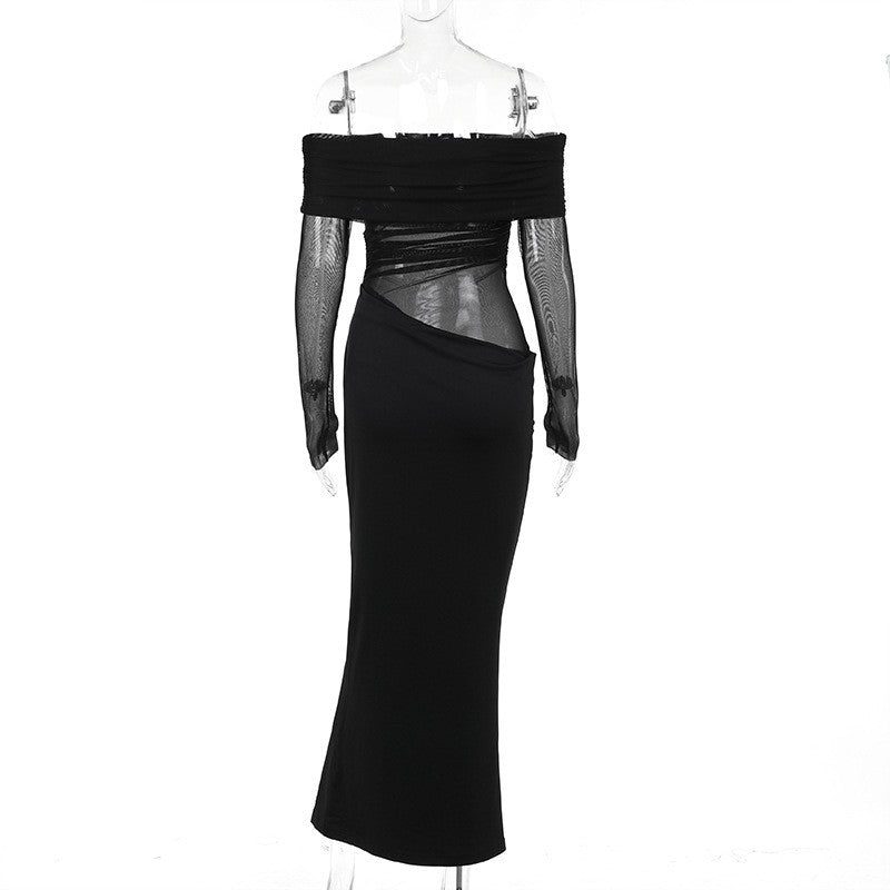 Y2k Summer New Solid Color Long Sleeve Off Shoulder Dresses Sexy Wrap Hip Mesh S