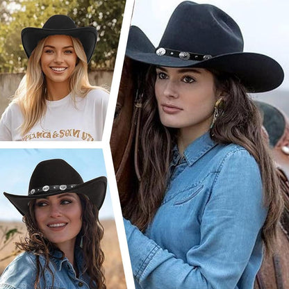 Womens Felt Western Cowboy Hats Studded Pinched Western Cowgirl Hats Wide Brim Retro Fedoras Hat Belt Buckle Vacation Party Hat