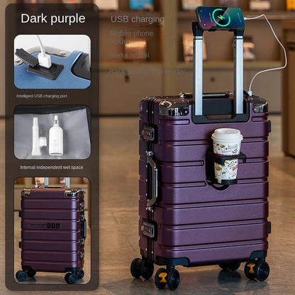 Malas de viagem aprimoradas: mala de 20 polegadas e mala de grande capacidade de 28 polegadas com rodinhas silenciosas com freio, porta-copos e porta de carregamento USB