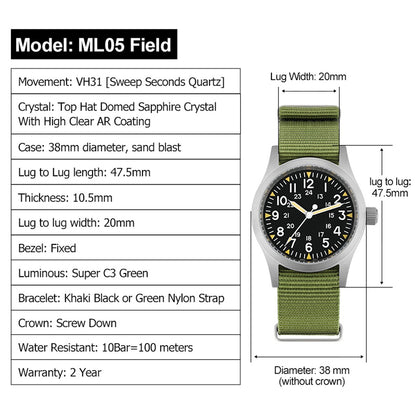 Militado Ml05 Vintage Field Watch VH31 Sweep Second Quartz Movement Sapphire Crystal High Clear AR Coating Luminous 38Mm Watches