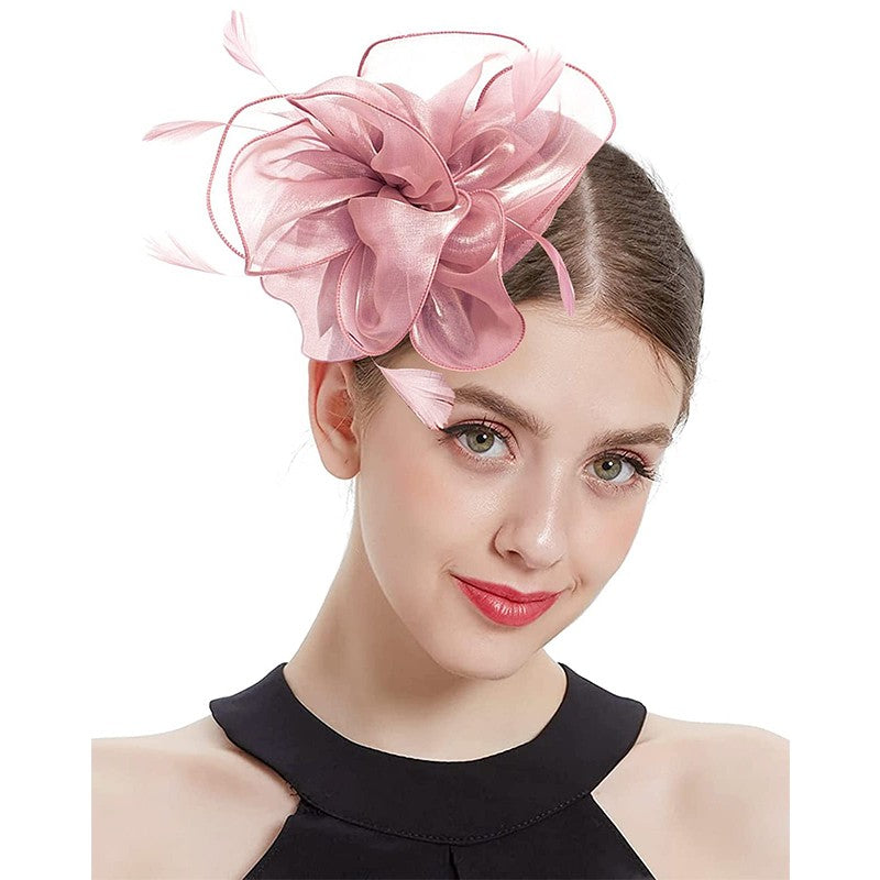 Novo Chapéu Fascinator de Organza Feminino com Flor de Pena Kentucky Derby Cocar Chapéu Pillbox para Casamento Chá da Tarde Acessórios de Cabelo com Clipe