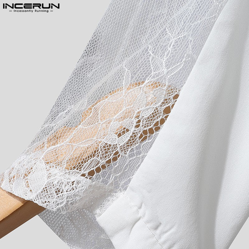 INCERUN Tops 2024 American Style Fashion Mens Perspective Lace Splicing Design Suit Coats Casual Solid Long Sleeved Blazer S-5XL