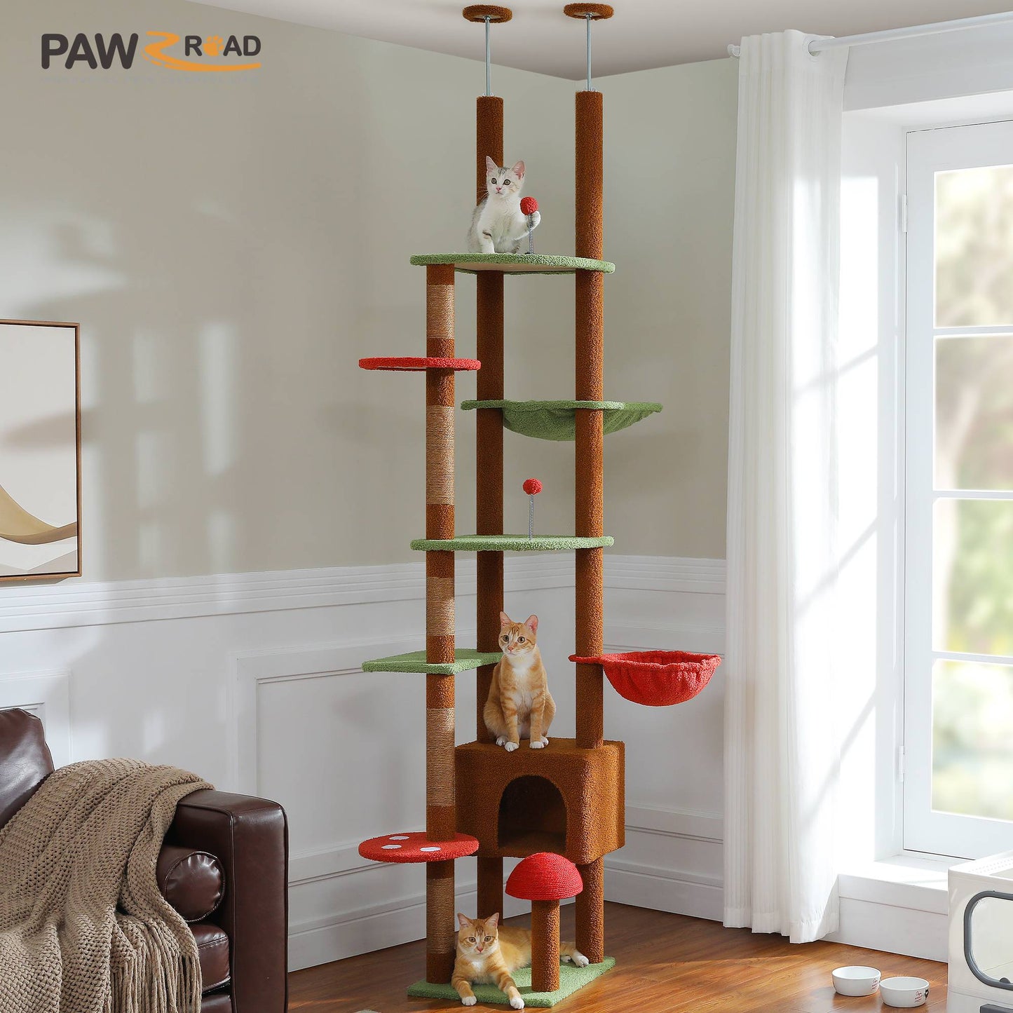 Árvore de Gato do Chão ao Teto Torre para Gatos de Altura Ajustável com Condomínio de Gato Rede Aconchegante e Arranhador Árvore de Atividades Alta Marrom